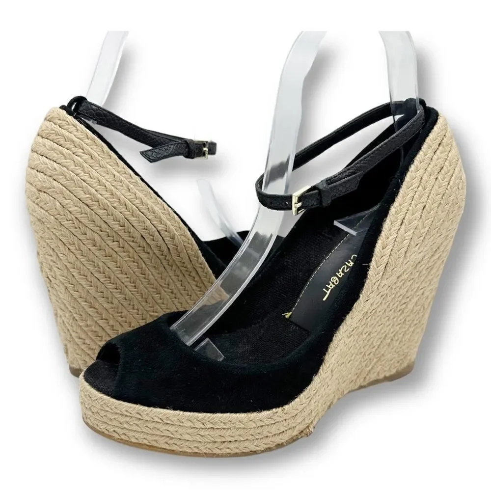 JEAN-MICHEL CAZABAT Black Suede Peep-Toe Espadrille Wedges Sz 37.5 ‎ US 7